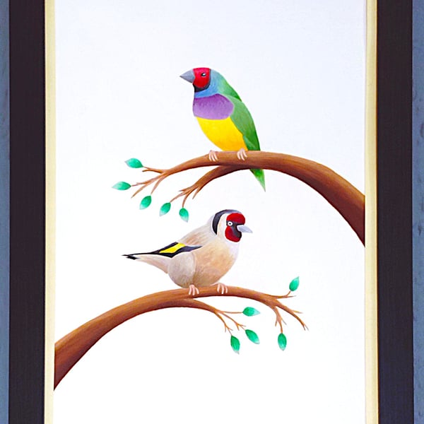 Handmade Framed A3 Print Colourful Gouldian GoldFinch Vanilla Border Wallart