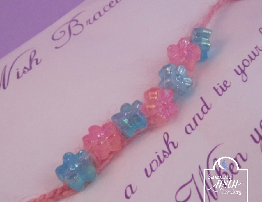 Flower Wish Bracelet, Pink Blue Wish Bracelet, Jute Bracelet