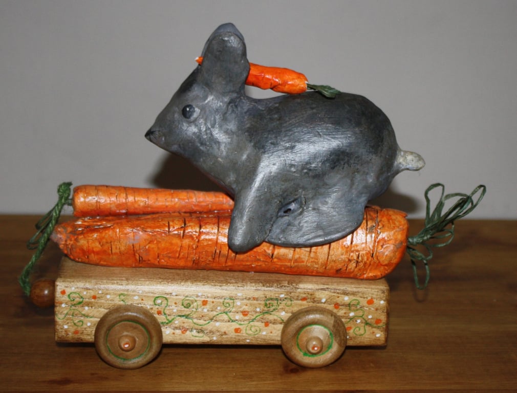 HAND MADE PAPER MACHE & WOOD, RABBIT RACER, HAND PAINTED, FOLK ART INSPIRED 