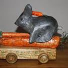 HAND MADE PAPER MACHE & WOOD, RABBIT RACER, HAND PAINTED, FOLK ART INSPIRED 