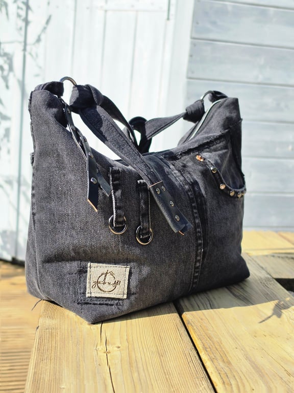 Black Denim Crossbody Bag with Double Zip and Adjustable Strap