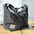 Black Denim Crossbody Bag with Double Zip and Adjustable Strap