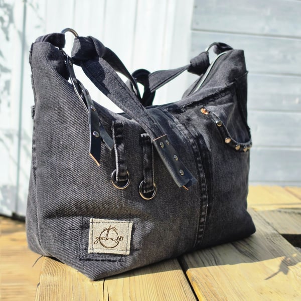 Black Denim Crossbody Bag with Double Zip and Adjustable Strap