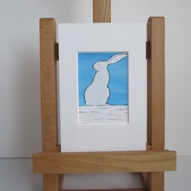 Bunny Rabbit Snow Scene ACEO Original Painting Picture Art Mounted for Framing