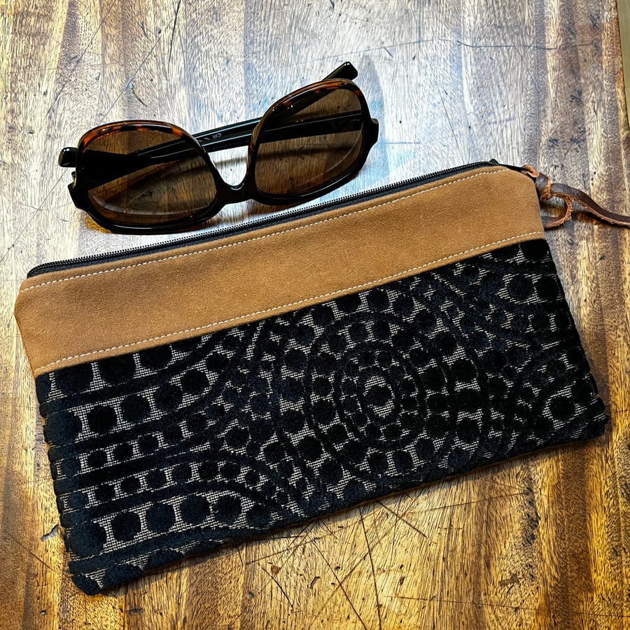 Textured chenille and moleskin zip pouch