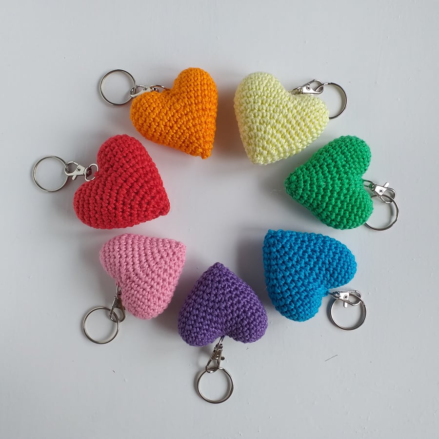 Crochet Heart Keyring, Pocket Hug Keychain, Rainbow Colours, Bag Charm