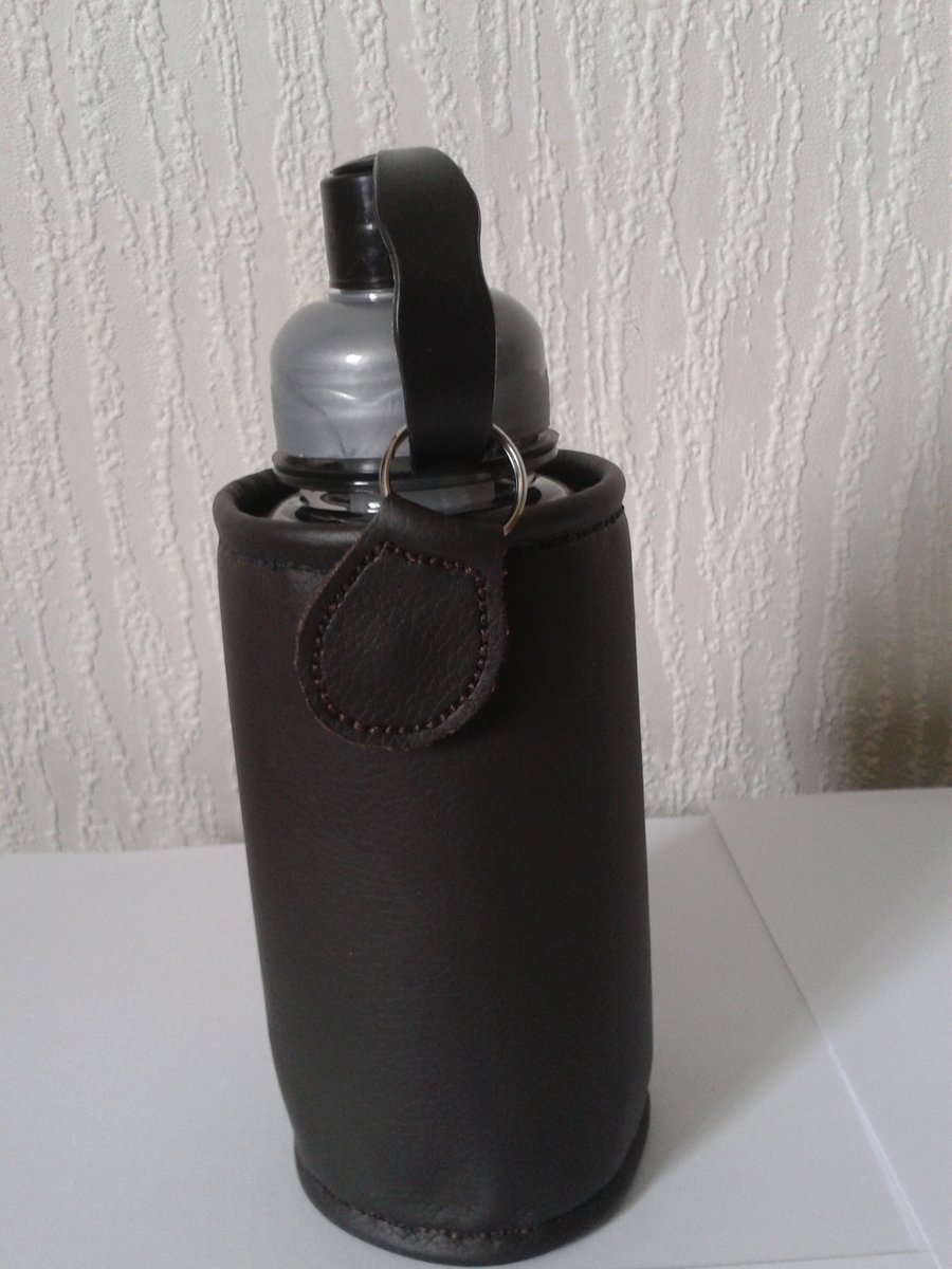 brown eco leather water bottle holder with bottle