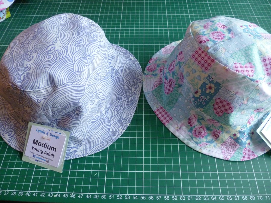 Sun Hats, Bucket Hats. Babies, Children Adult sizes, Reversible 100% Cotton