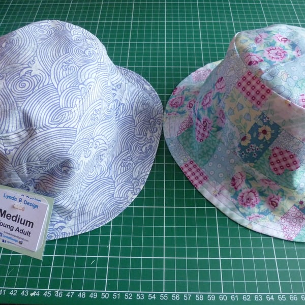 Sun Hats, Bucket Hats. Babies, Children Adult sizes, Reversible 100% Cotton