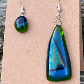 Peacock Asymmetrical Fused Glass Earrings 