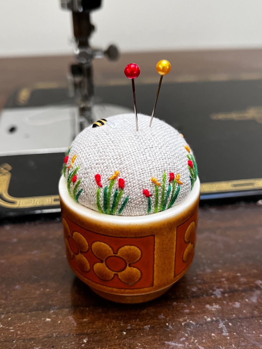 Hornsea Saffron seventies egg cup embroidered pincushion