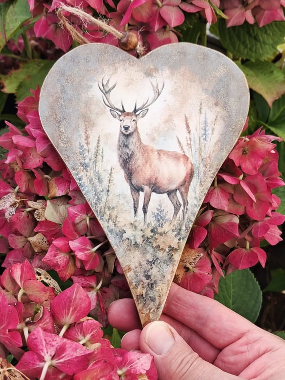 Wooden Hanging Heart Stag