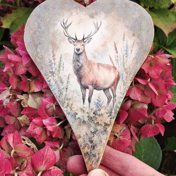 Wooden Hanging Heart Stag