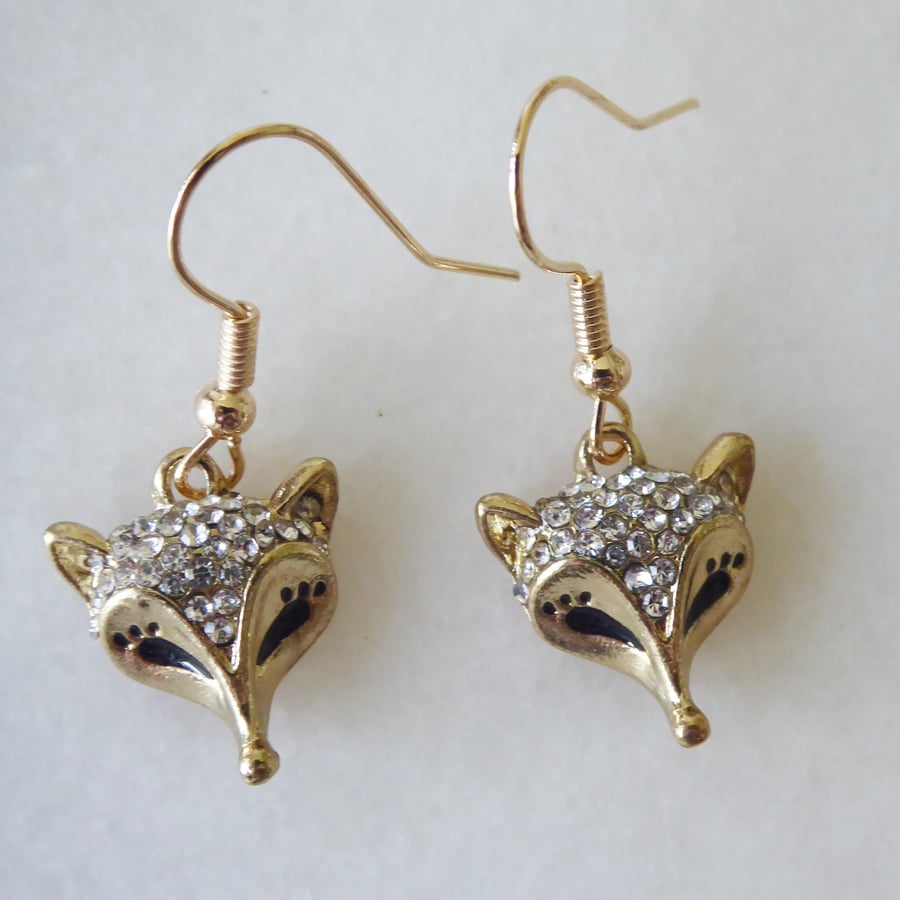 Fox Head Earrings with Rhinestones and KC Gold Ear Wires