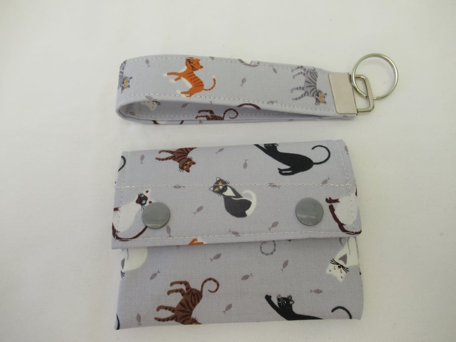 Cat themed Fabric Wallet and Matching Key Fob