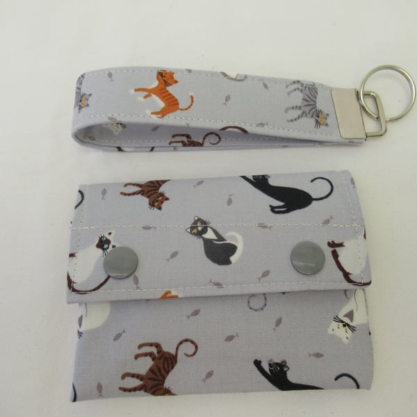 Cat themed Fabric Wallet and Matching Key Fob