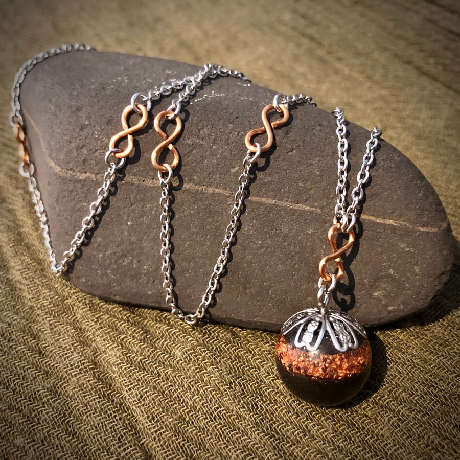 Orgonite Sphere Drop Pendant with Clear Quartz, Iron Powder & Infinity Chain 