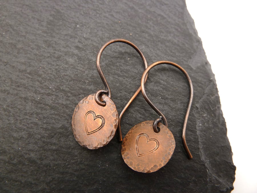 handmade copper heart hand stamped earrings