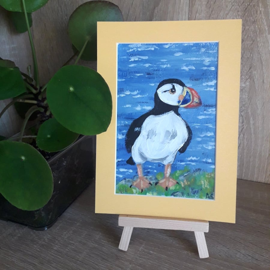 Puffin small original painting in yellow cardboard mount.  