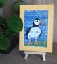 Puffin small original painting in yellow cardboard mount.  