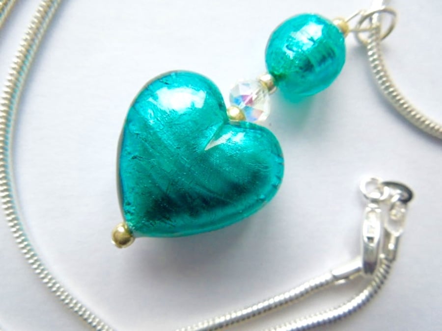 Green Murano glass heart pendant with Swarovski and silver chain.