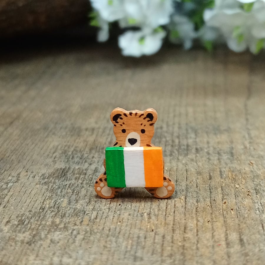 Ireland Flag Bear Pin, Handmade Teddy Brooch, Irish Gift, Wooden Bear Pin