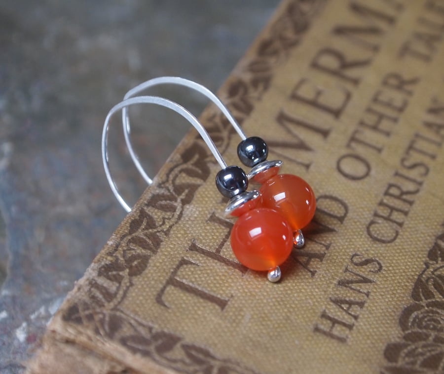 silver earrings, carnelian, wishbone ear wires