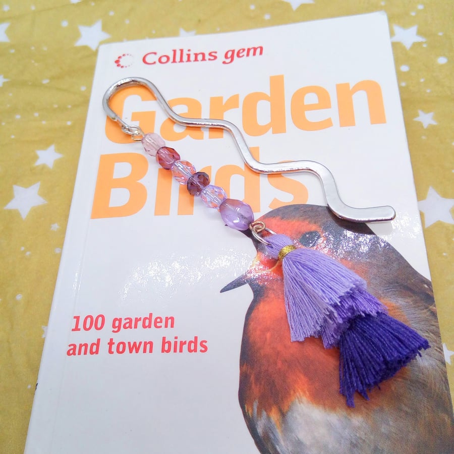 Silver Plated Bookmark with Lilac and Mauve Crystal and Purple Tassel, Bookmark