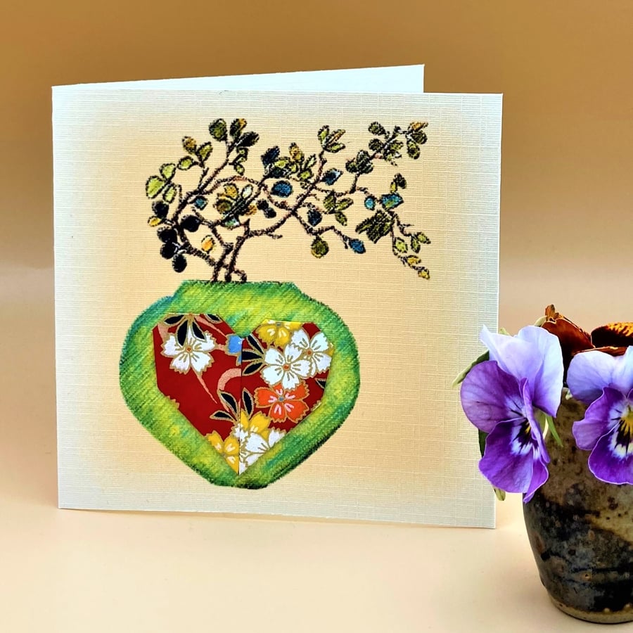 Romantic Greetings Card, handmade Origami heart on original print 'green vase'.