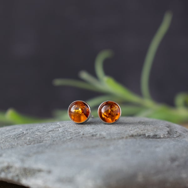 Amber Earrings - Sterling Silver Round Stud Earrings with Real Amber Stones