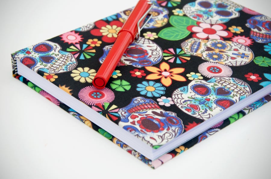 A5 hardback notebook with full cloth colourful skull cover