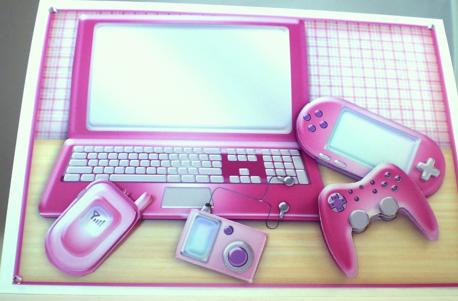 Handmade 3D Computer Birthday Card, Pink Mobile Phone,Games,Personalise