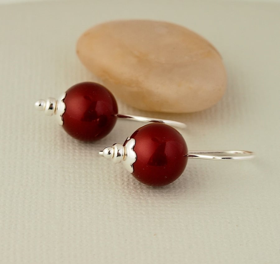 Bordeaux Red Pearl Earrings - Sterling Silver