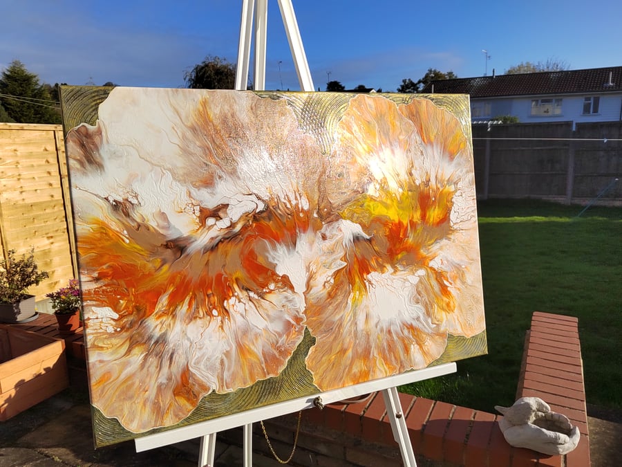 50x70cm Abstract Acrylic Pour Painting Orange Flowers Wave Artwork Home Decor 