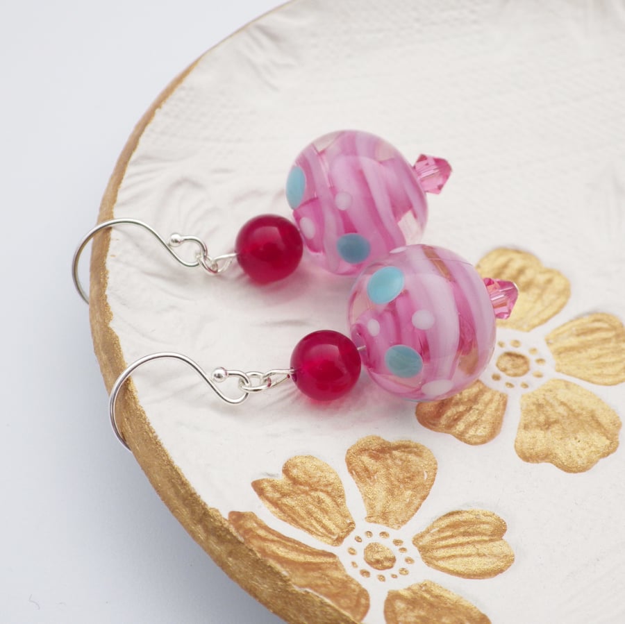 Swirling pink UK lampwork glass bead earrings with dyed pink agate