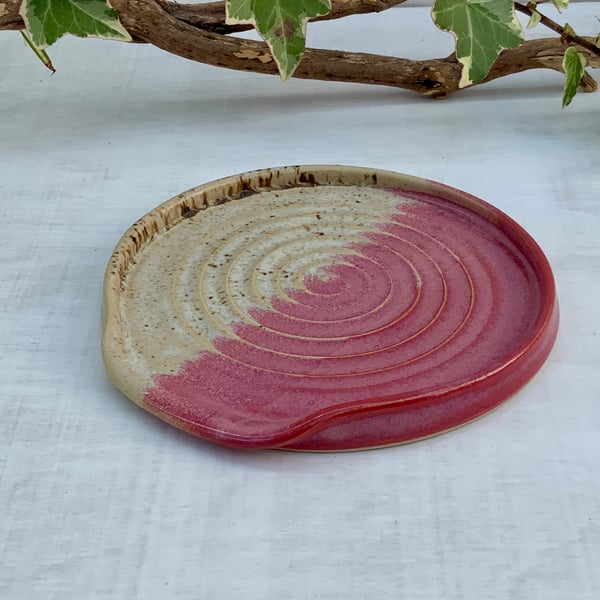 Spoon Rest with winter wood & raspberry mist glaze
