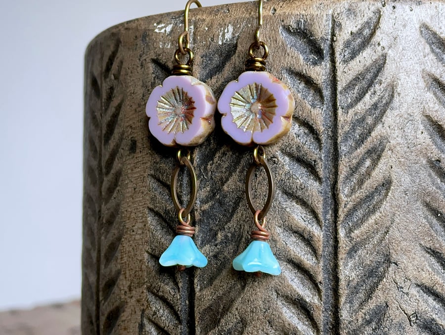 Lavender and Blue Floral Czech Glass Earrings. Boho Flower Jewellery for Spring