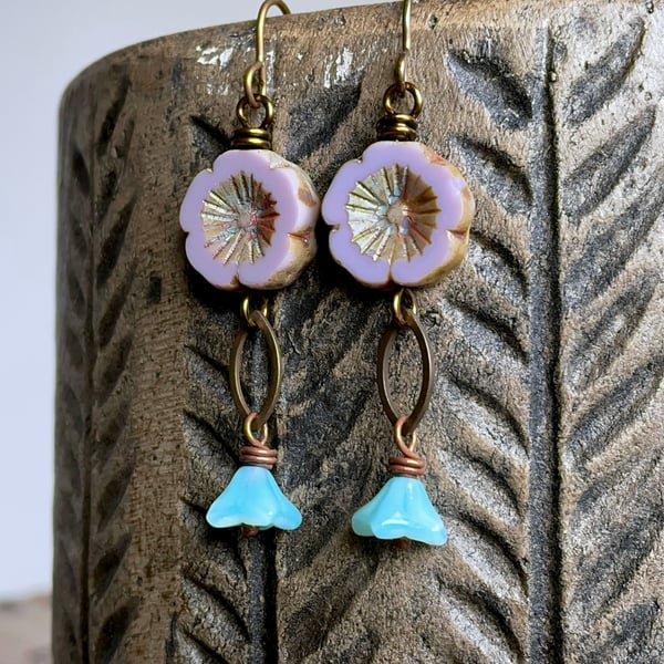 Lavender and Blue Floral Czech Glass Earrings. Boho Flower Jewellery for Spring