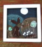Textile hare under the moon landscape. Hand stitched onto fabric pieces. - Image 1