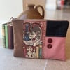 Grey cat repurposed cross stitch large soft pouch