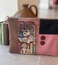 Grey cat repurposed cross stitch large soft pouch