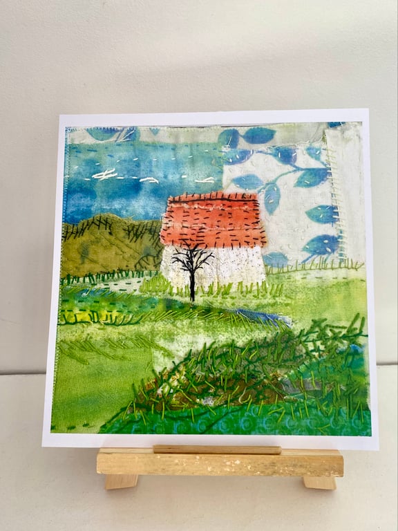 Little white barn, original art print, textile art