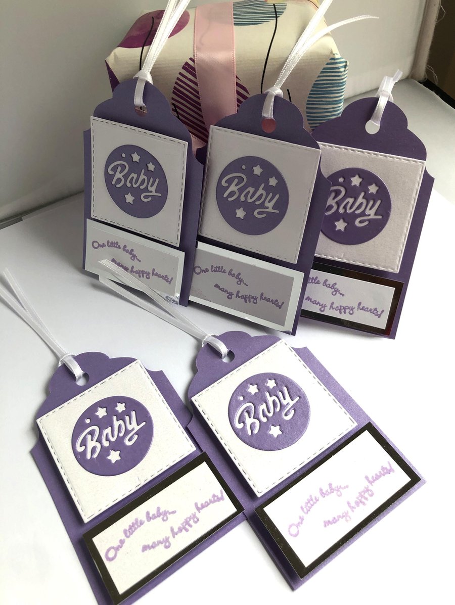 Handmade Amethyst Baby Gift Tags, Pearl Shimmer Card, Set of 5