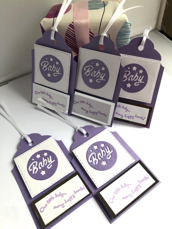 Handmade Amethyst Baby Gift Tags, Pearl Shimmer Card, Set of 5