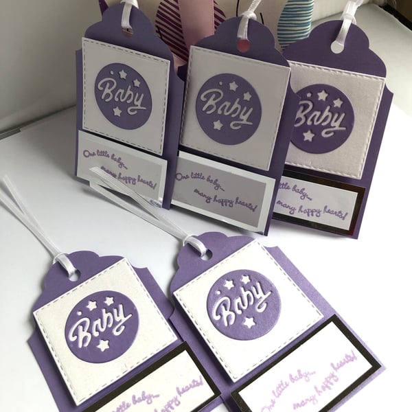 Handmade Amethyst Baby Gift Tags, Pearl Shimmer Card, Set of 5