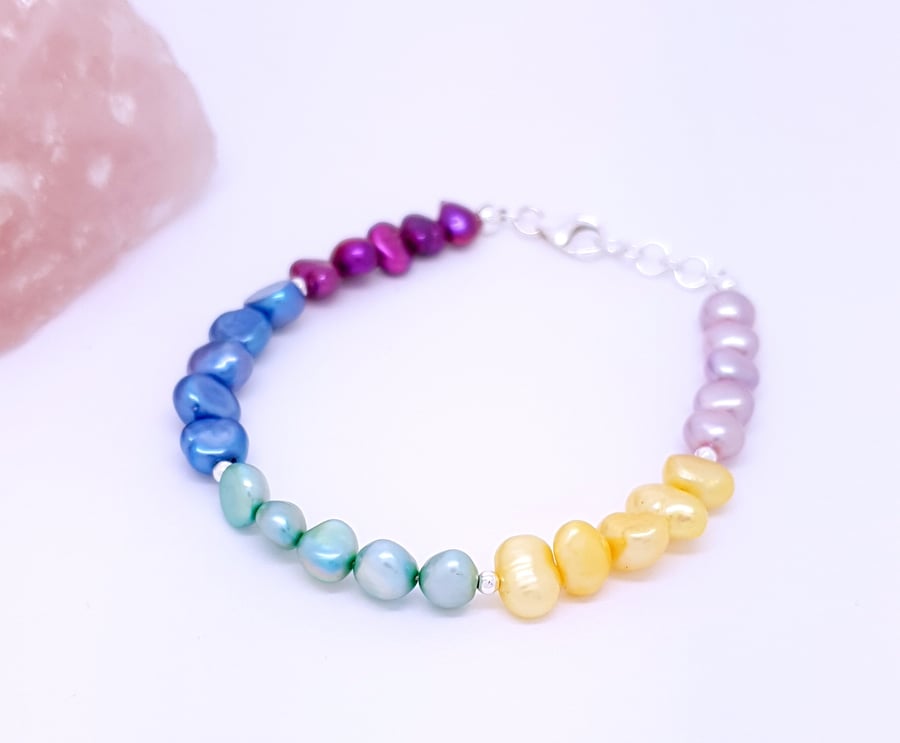 Sterling silver rainbow pearl childrens bracelet - size 4-5 or 6-8 years 