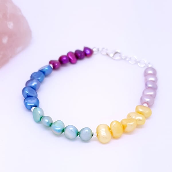 Sterling silver rainbow pearl childrens bracelet - size 4-5 or 6-8 years 