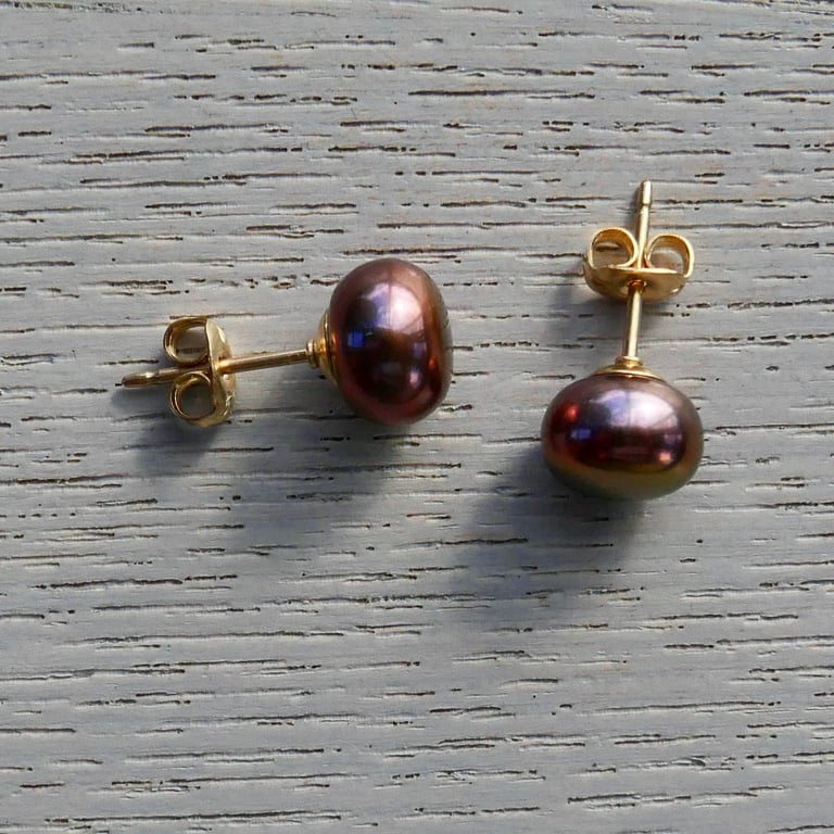 7mm Bronze Pearl Button Earrings with 14k Gold Filled Stud and Back