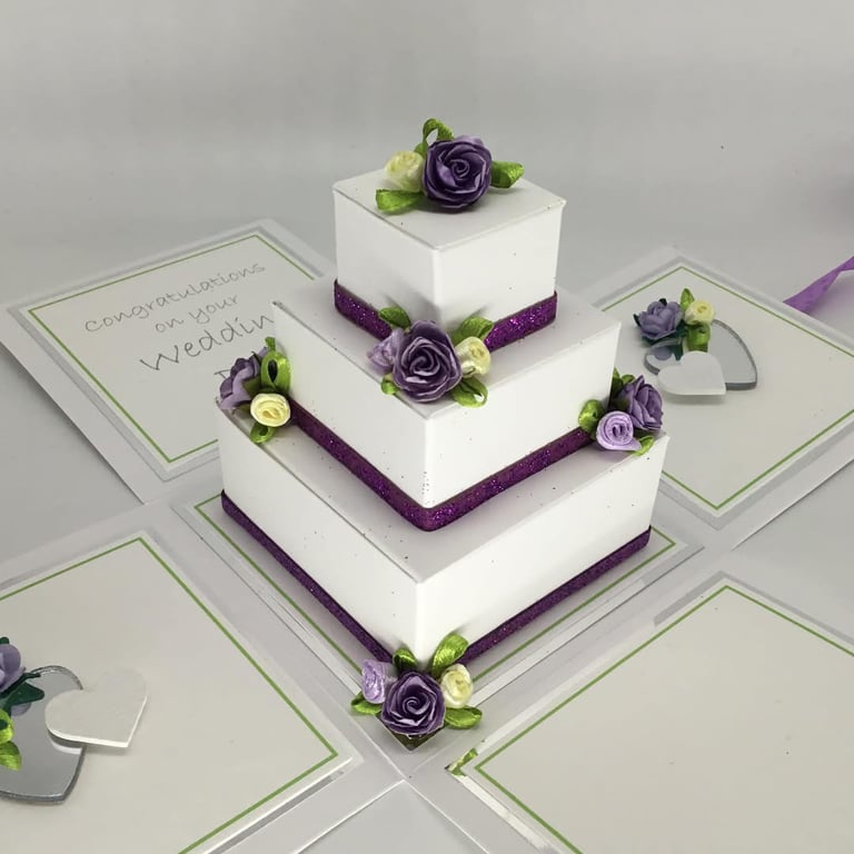 3D wedding cake exploding box card - purple, lilac and ivory roses