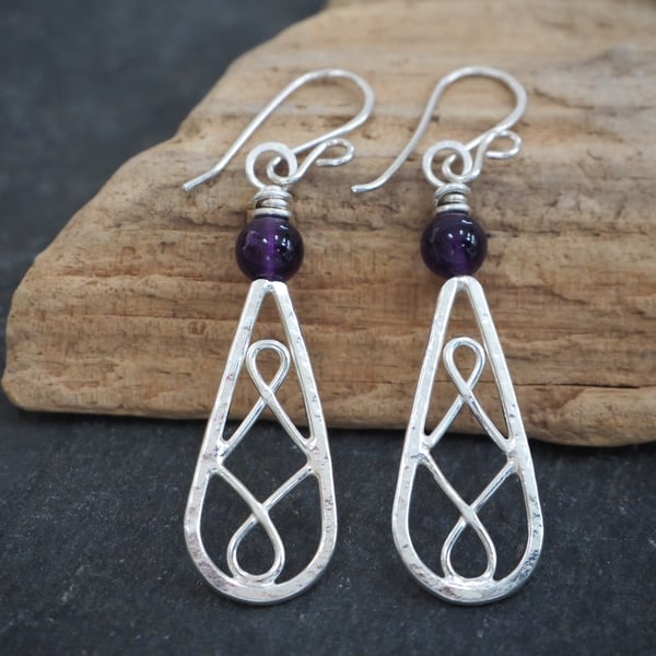 Silver and Amethyst Dangle Earrings, Long Silver Earrings, handmade jewellery